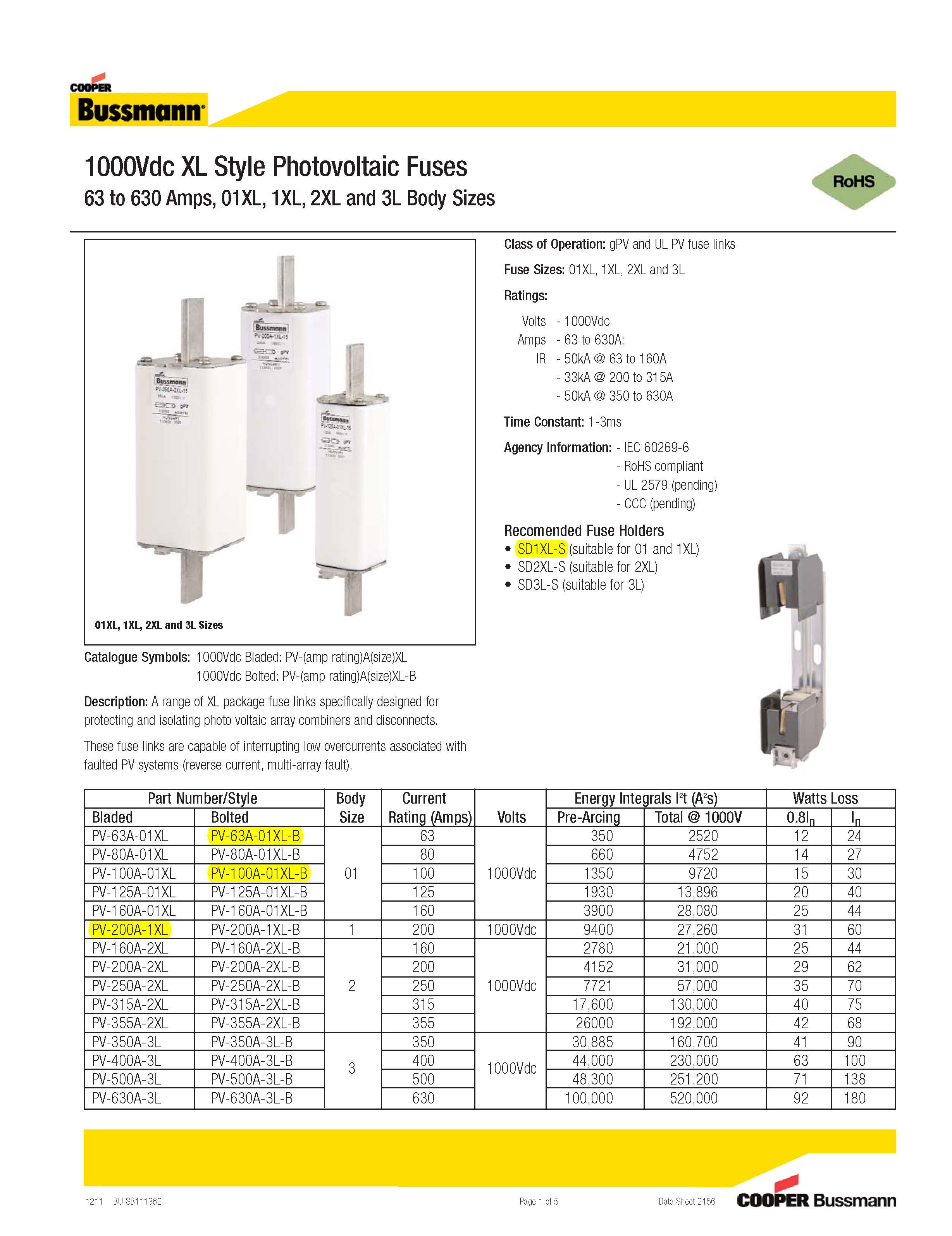 PV光伏熔斷器 XL系列 選型參數 PV光伏熔斷器 XL系列 選型參數